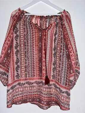 Sheer Boho Blouse 3/4 Sleeves - Red Pink Printed Women's Top